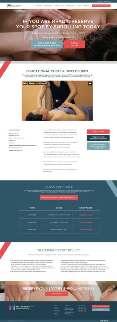 Myotherapy Massage College Website - Admissions Page
