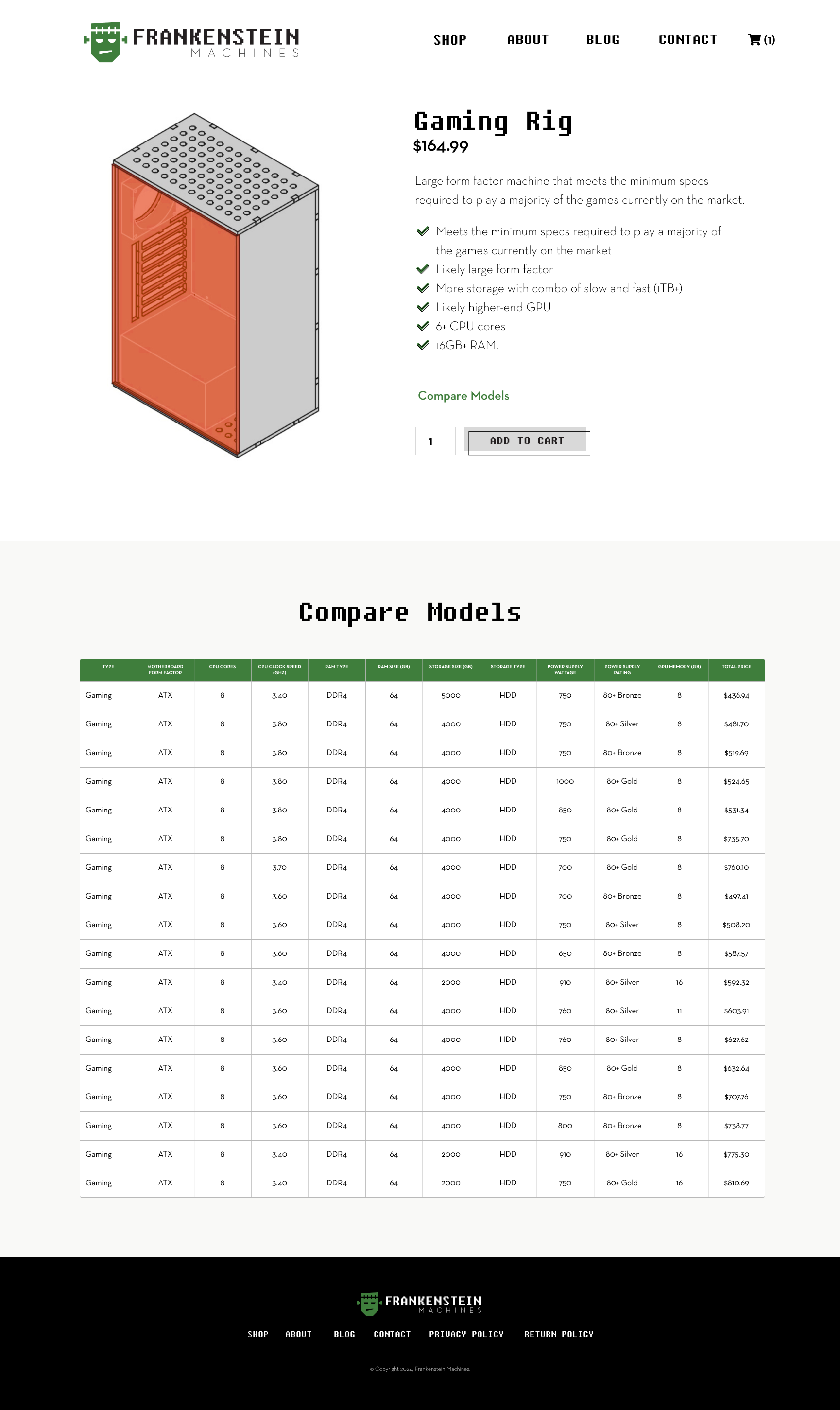 Frankenstein Product Page - Gaming Rig UI